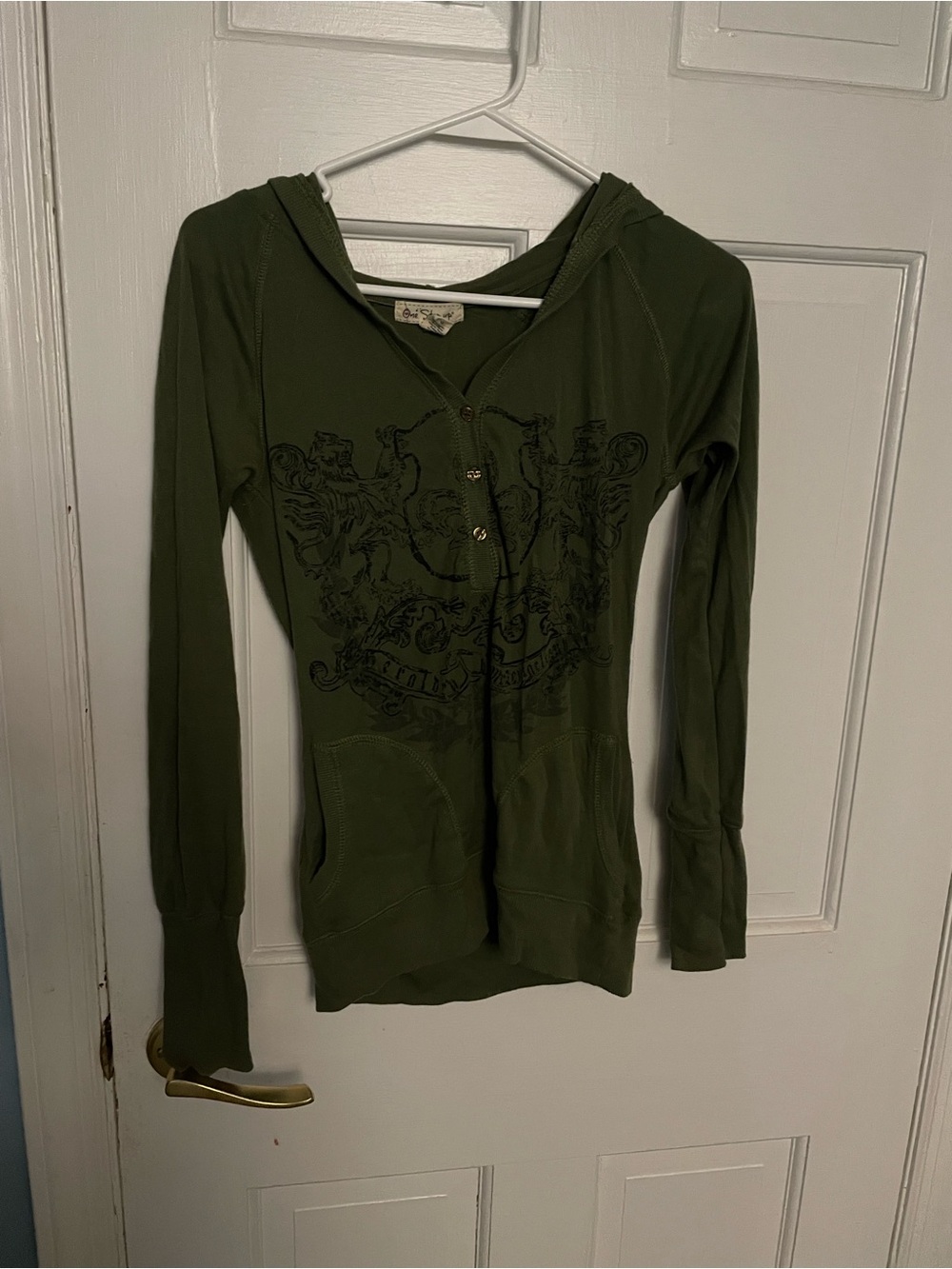 One step up Olive Green Graphic Hooded Women's top